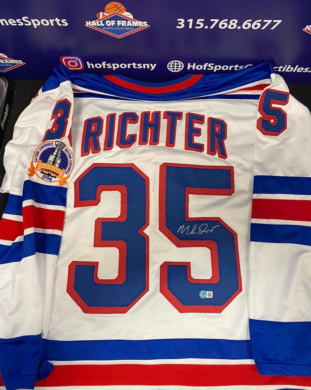 MIKE RICHTER SIGNED NY RANGERS CUSTOM JERSEY BLUE 94 PATCH - BECKETT