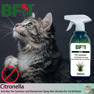 Anti-Bac Pet Sanitizer and Deodorizer Spray (ABPSD-Cat) - Non Alcohol with Citronella - 500ml for Cat and Kitten