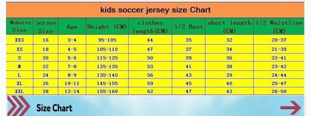 Taglie Maglie Calcio Bambini