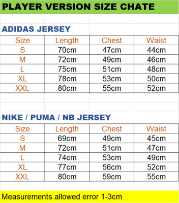 Tabella taglie player version