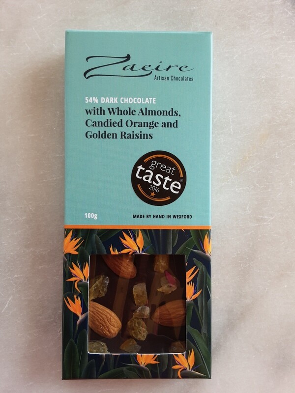 100g 54% Dark Chocolate with Whole Almonds, Candied Orange &amp; Golden Raisins