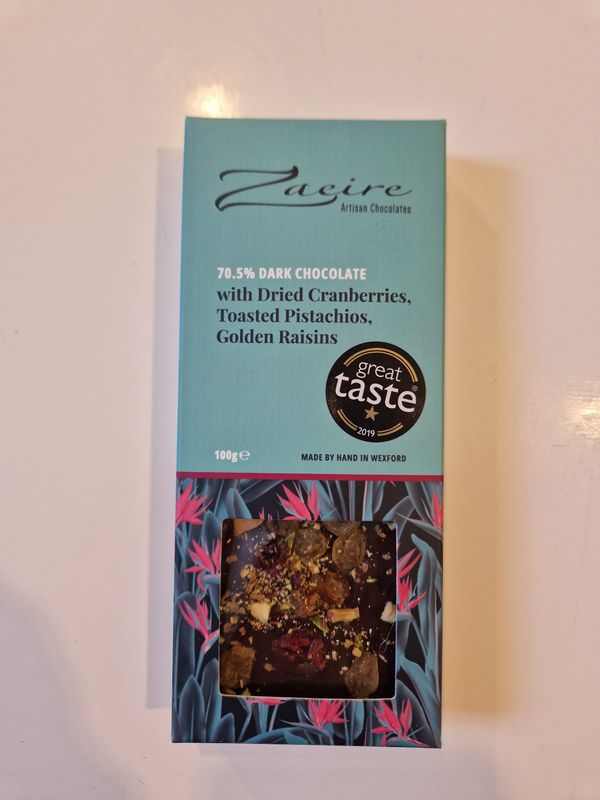 100g 70% Dark Chocolate with Toasted Pistachios, Dried Cranberry, Golden Raisins 