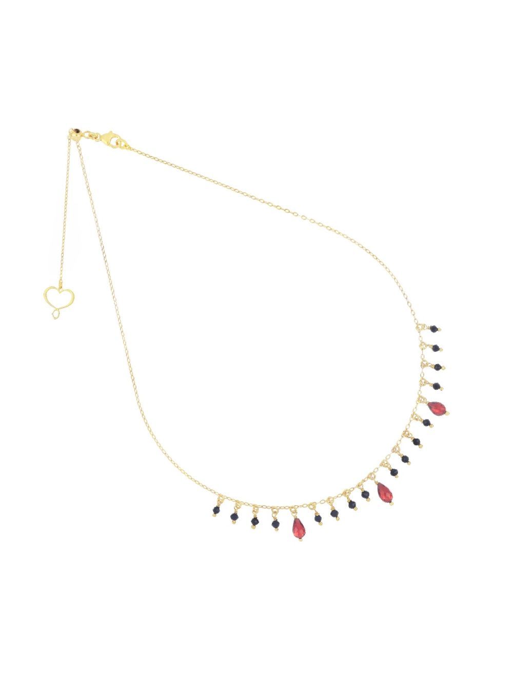 COLLAR DE PLATA CON BAÑO DE ORO AMARILLO, ESPINELAS NEGRAS Y GRANATES. GHFRASP3GR