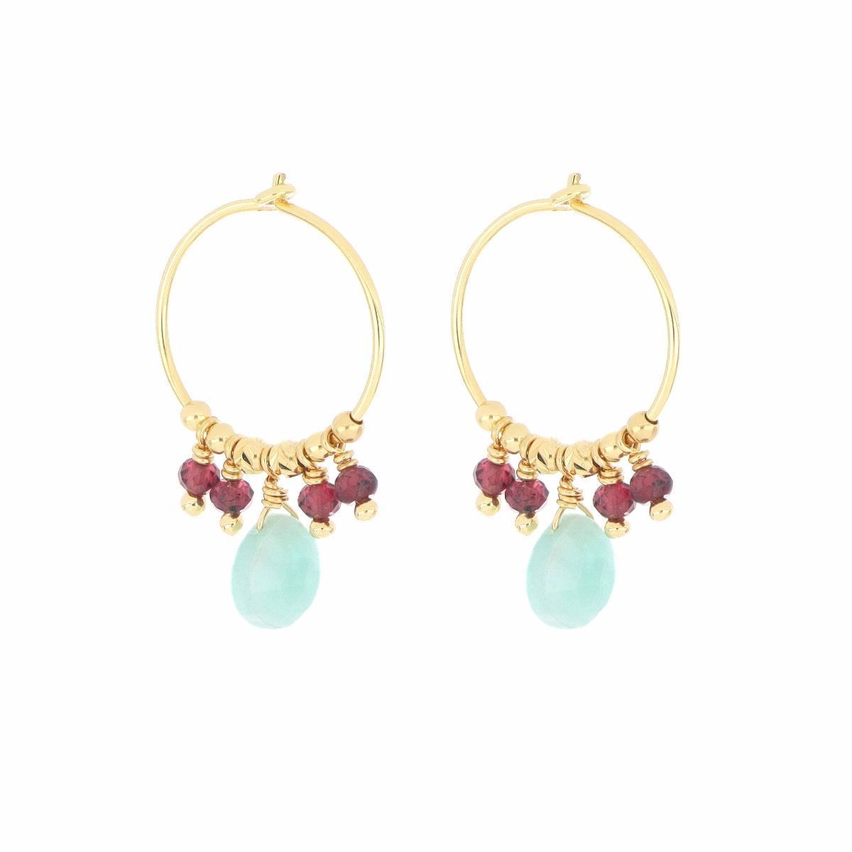 PENDIENTES DE ARO DE PLATA CON BAÑO DE ORO AMARILLO, AMAZONITAS Y GRANATES. ORGCC0AC