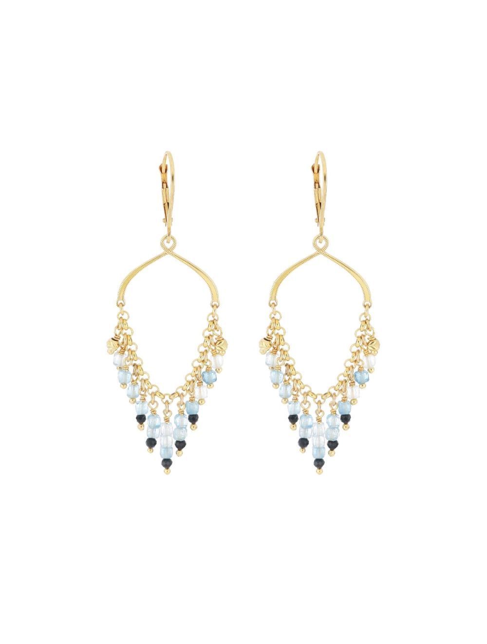 PENDIENTES DE PLATA CON BAÑO DE ORO AMARILLO, AGUAMARINAS Y ESPINELAS NEGRAS. ORFRA1AAMSPRI
