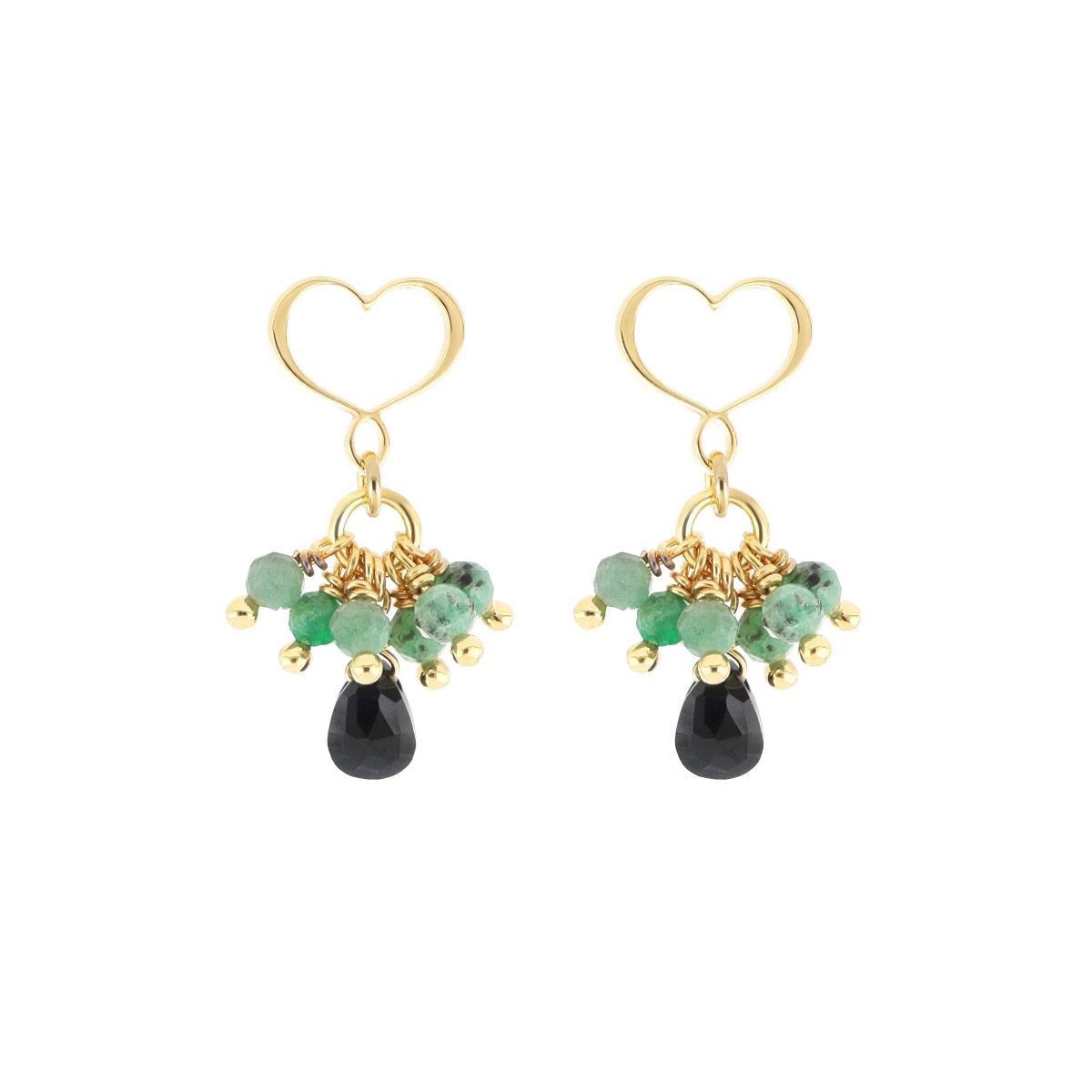 PENDIENTES DE PLATA CON BAÑO DE ORO AMARILLO,ESMERALDAS Y ESPINELAS NEGRAS. ORFRA4SM1SP