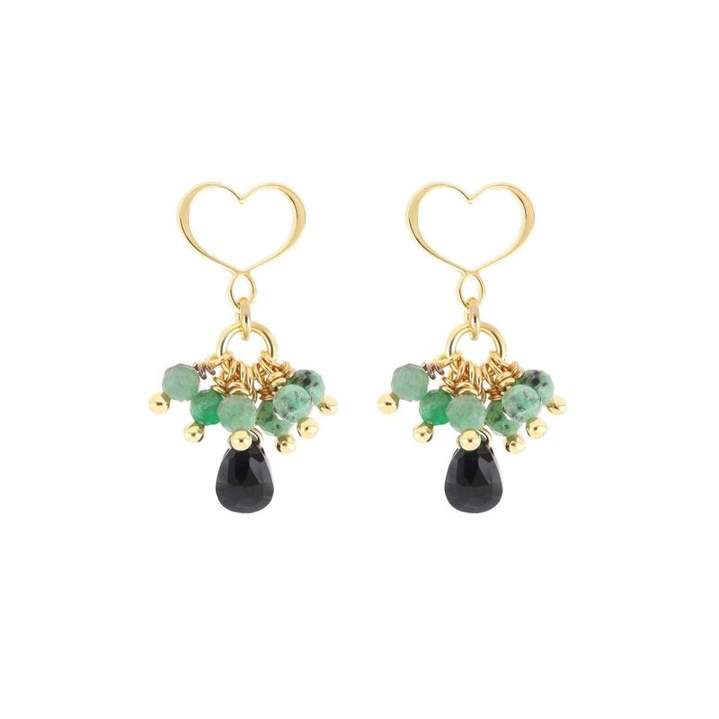 PENDIENTES DE PLATA CON BAÑO DE ORO AMARILLO,ESMERALDAS Y ESPINELAS NEGRAS. ORFRA4SM1SP