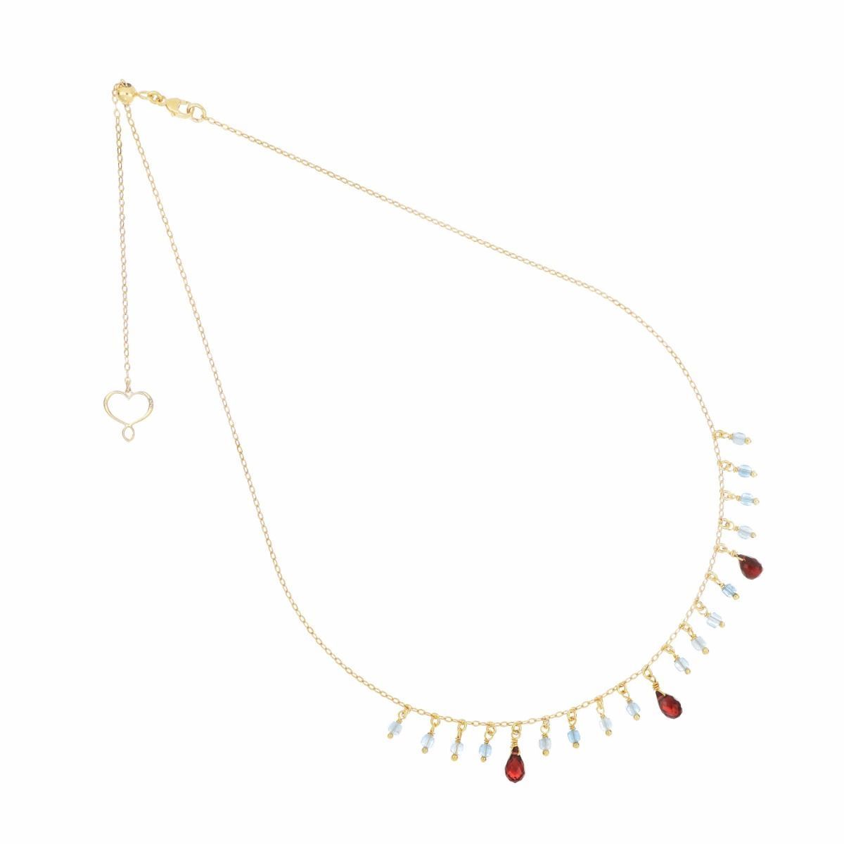COLLAR DE PLATA CON BAÑO DE ORO AMARILLO, AGUAMARINAS Y GRANATES. GHFRAAM3GR