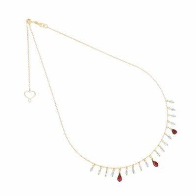 COLLAR DE PLATA CON BAÑO DE ORO AMARILLO, AGUAMARINAS Y GRANATES. GHFRAAM3GR