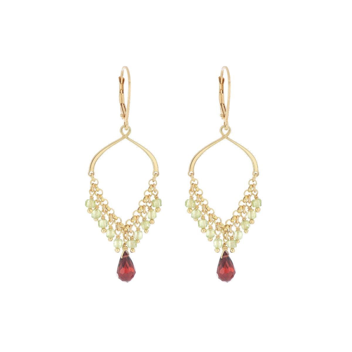 PENDIENTES DE PLATA CON BAÑO DE ORO AMARILLO,PERIDOTOS Y GRANATE. ORFRA1APR1GR