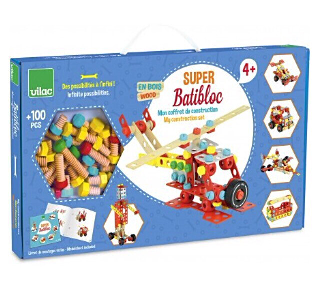 Vilac Super Batibloc Wooden Construction Set 100 Pieces with Nuts, Bolts And Tools