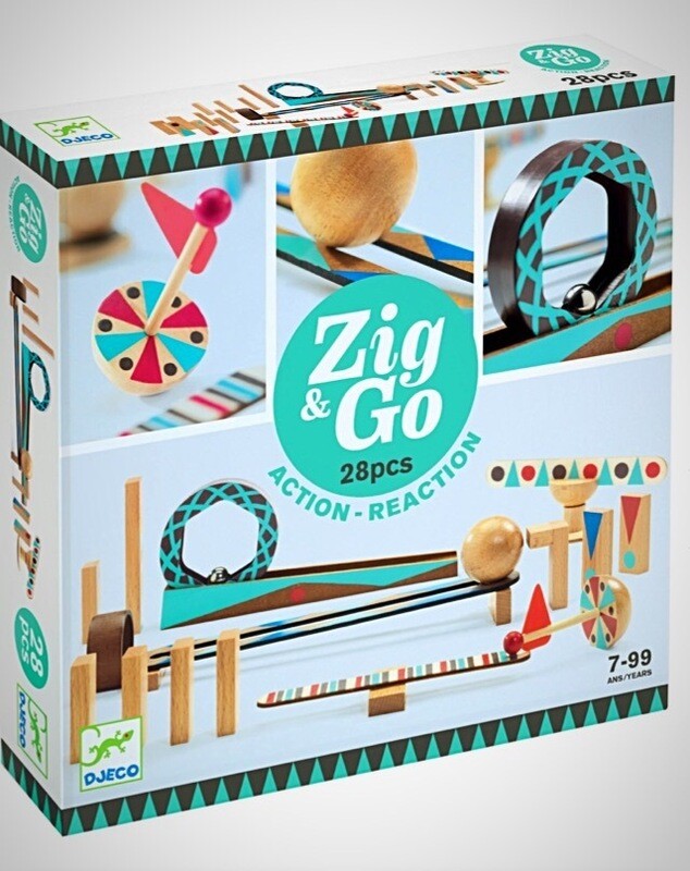 Djeco Zig &amp; Go Roll 28 Piece Action Reaction Wooden Marble Run Set