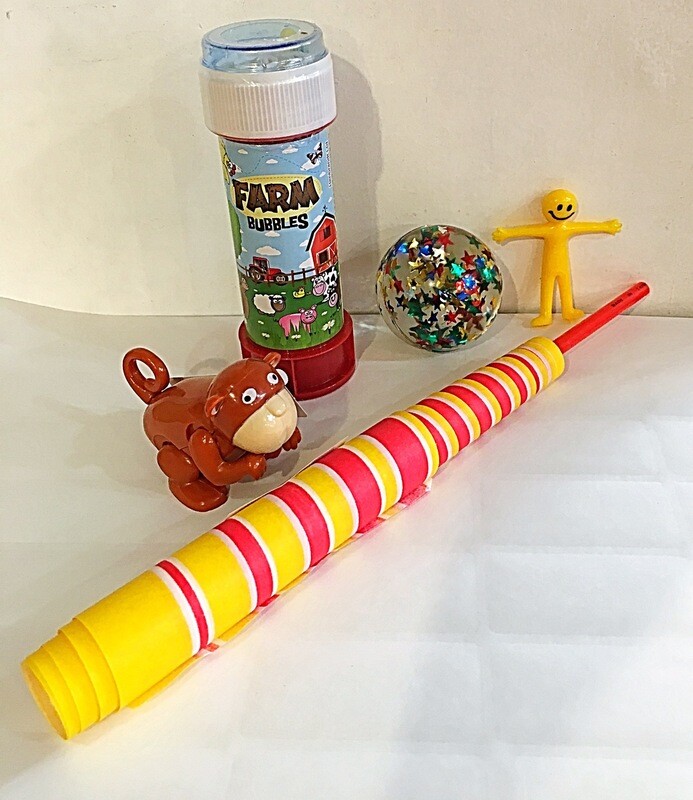 Pocket Money Bag With Paper Sword, Clockwork Flipp over Animal, Bubbles, a Stretchy Man and Bouncy Ball with Stars Or Animals Inside- Depending On Stock.