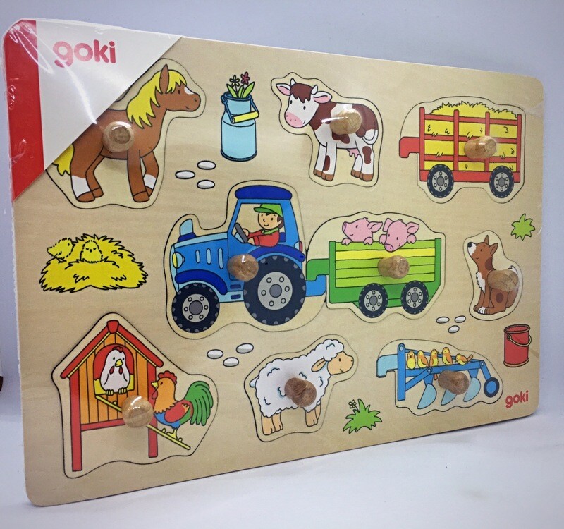 Goki Wooden Peg Puzzle Farm 9 Pieces with Interchangeable Trailer(1+)