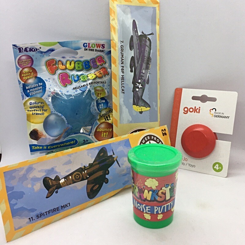 Pocket Money Collection Wooden Yoyo In Red, Yellow , Blue or Green, Glibber Rubber Glow In Dark Blow Up Ball , 2 Polystyrene Gliders And Noisy Putty (Or a Tub Of Pig Noise Putty Depending On Stock)