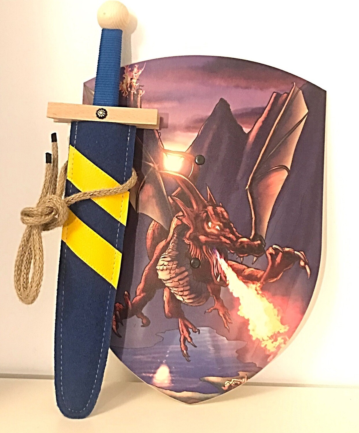 VAH Wooden Dragon Shield and Blue Sword with Scabbard