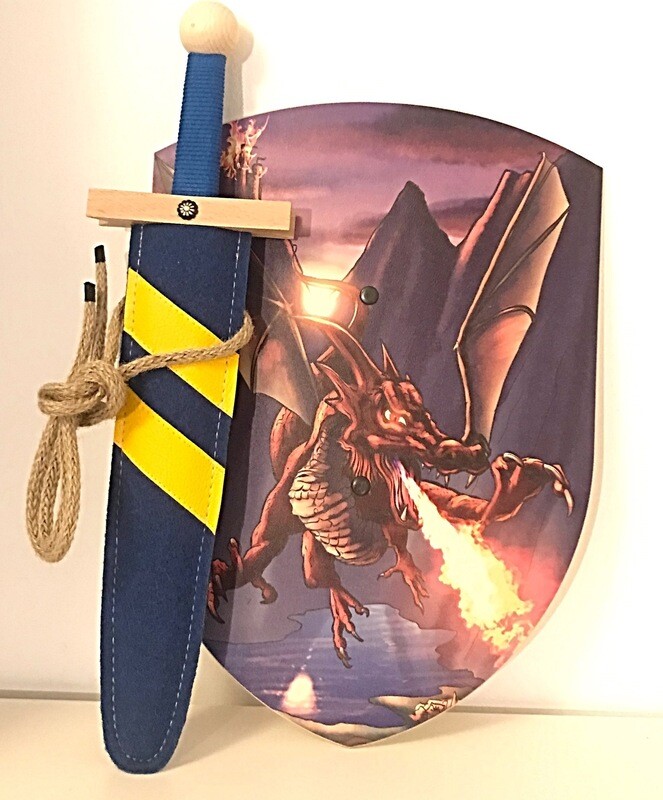 VAH Wooden Dragon Shield and Blue Sword with Scabbard