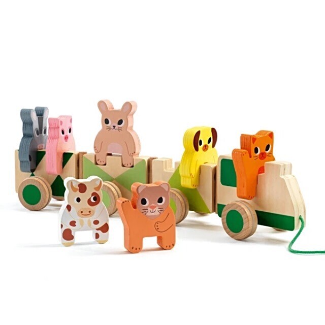 Djeco Trainimo Farm Pull Along Wooden Play Train and Stacking Toy