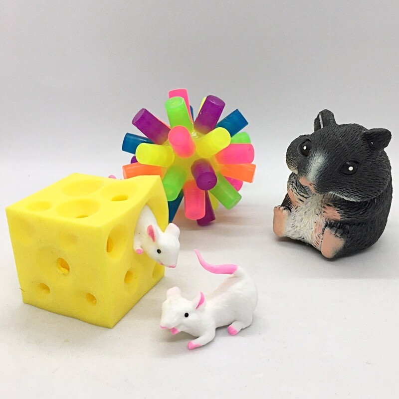 Pocket Money Collection Sensory Toys, Squishy Hamster, Stretchy Cheese with 2 Stretchy Mice and Light Up Digit Ball, Depending On Stock Items May Vary Slightly.