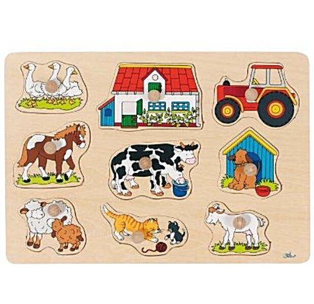 Goki Wooden Peg Puzzle Farm with Tractor, Farmhouse and Animals 