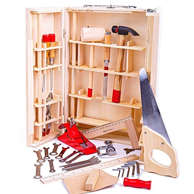 Large Wooden Tool Box with 28 Functional Tools