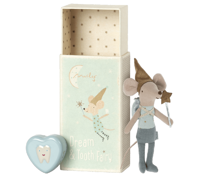 Maileg Tooth Fairy Mouse-Blue In Match Box with Tin Heart Box
