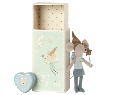 Maileg Tooth Fairy Mouse-Blue In Match Box with Tin Heart Box