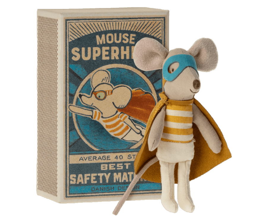 Maileg Superhero Mouse Little Brother in Matchbox
