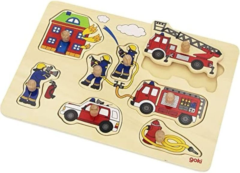 Goki Wooden Peg Puzzle Fire Engines and Fighters