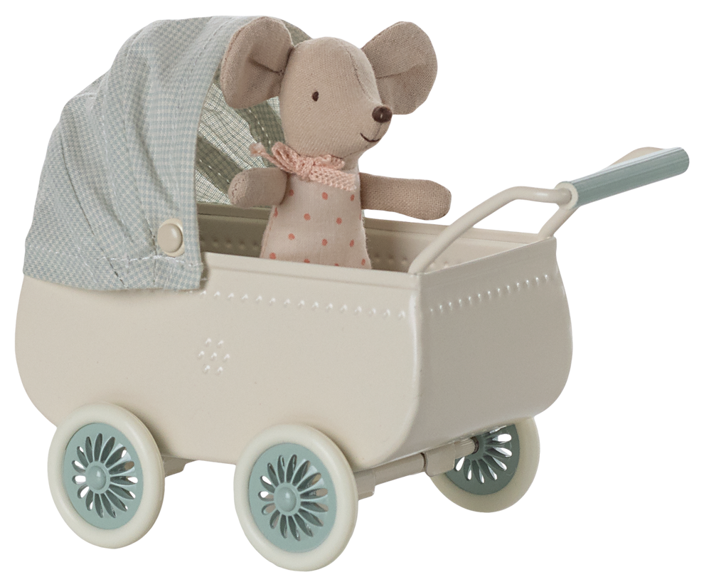 Maileg Pram with Baby Mouse Mint