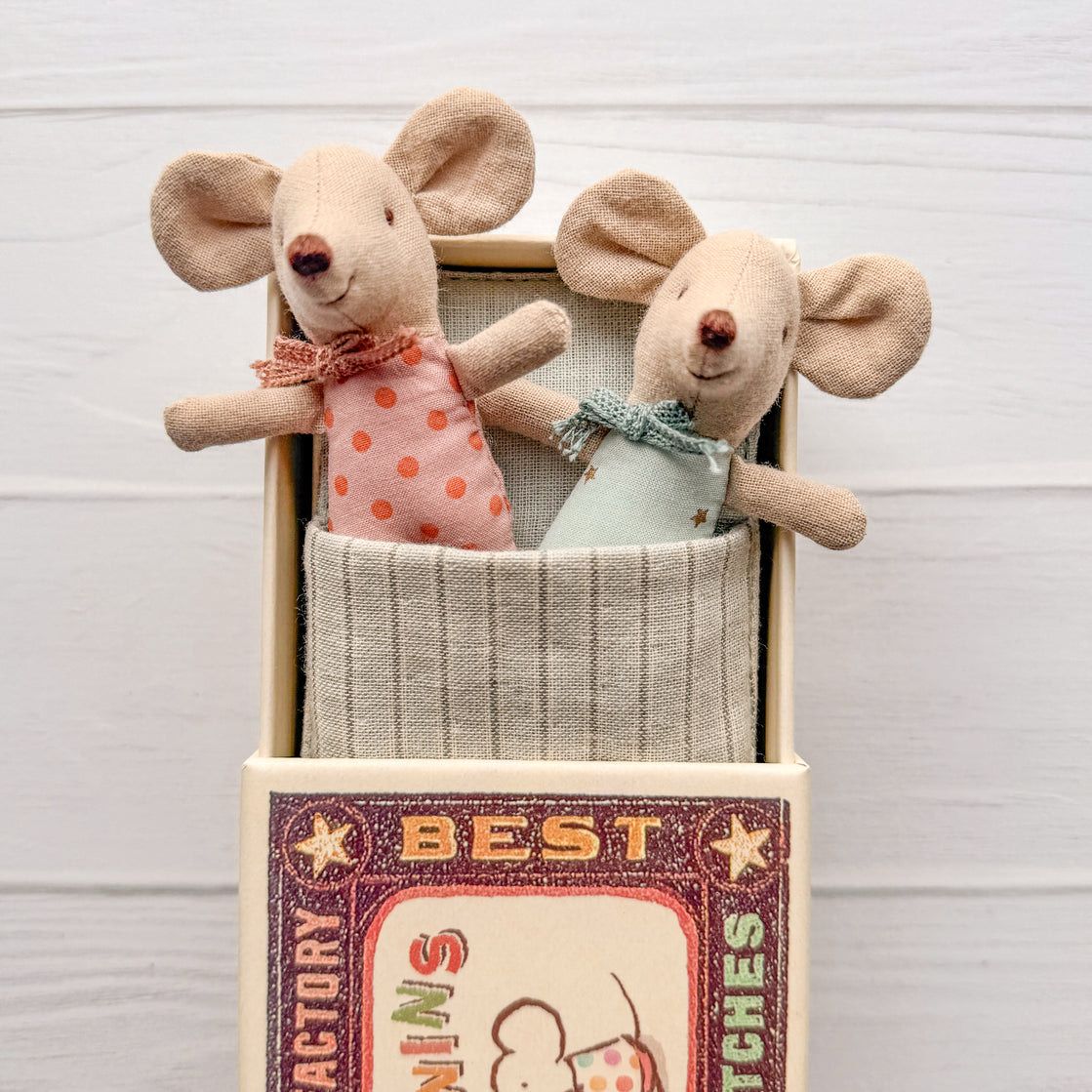 Maileg Baby Twins Mice, Baby Brother and Sister In Matchbox