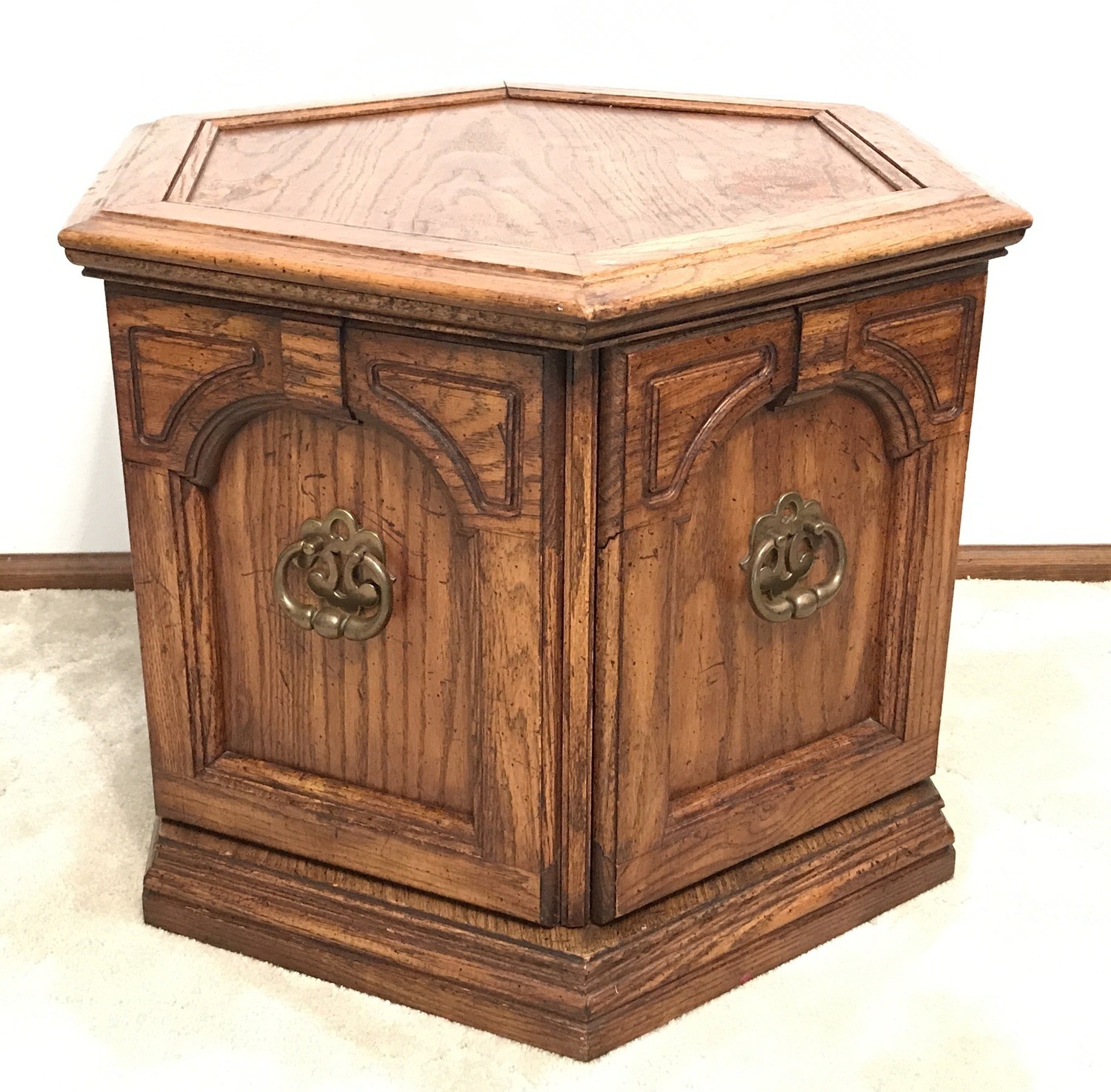 Vintage Hexagon Storage Wood End Table