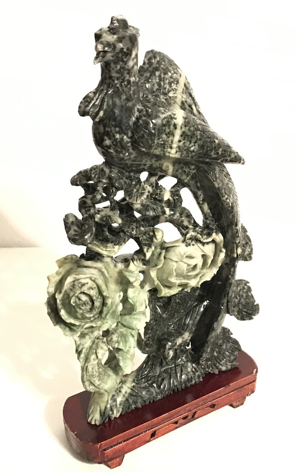 Beautiful Chinese Handcarved Phoenix and Roses Jadeite Jade Statue