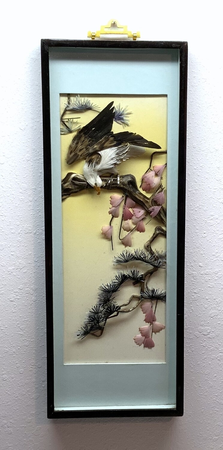 Vintage Bald Eagle In A Tree Chinese Feather Art Picture