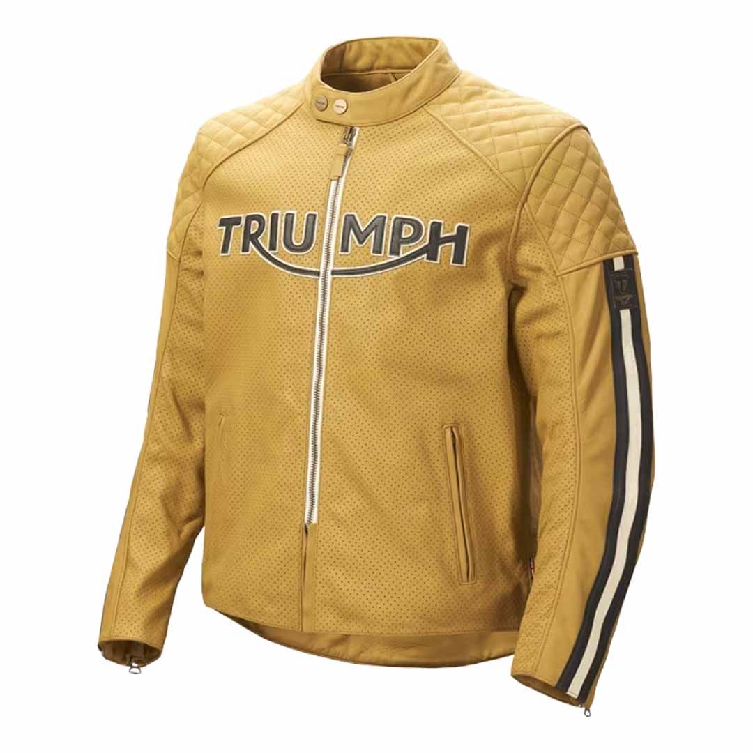 Side Triumph Braddan Air Race Gold Leather Motorcycle Jacket MPN Style MLES24006