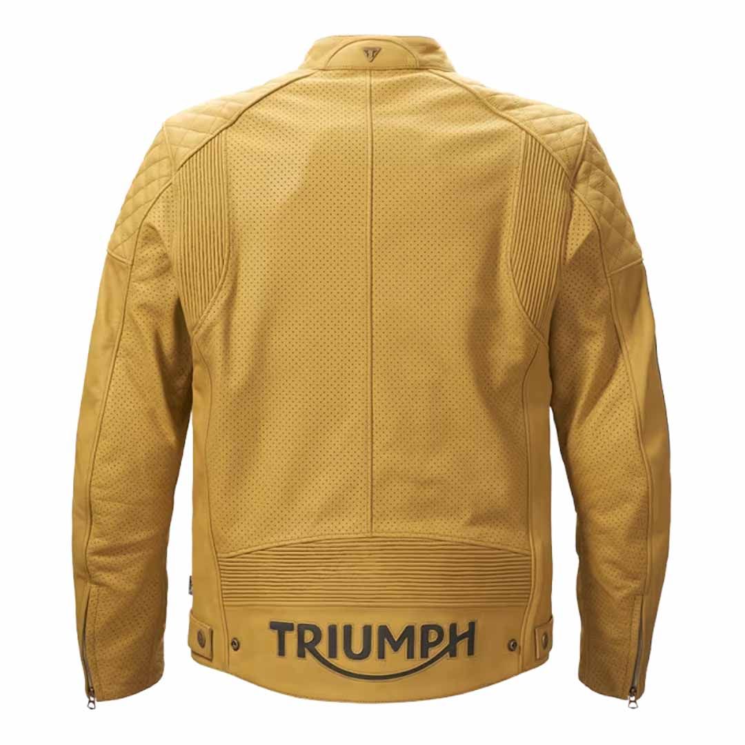 Back Triumph Braddan Air Race Gold Leather Motorcycle Jacket MPN Style MLES24006