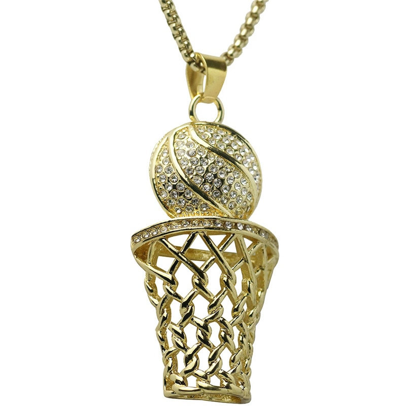 Iced Out Basketball Hoop Pendant Necklaces Gold Color Stainless Steel Chain Necklace Men Sports Hip Hop Jewelry