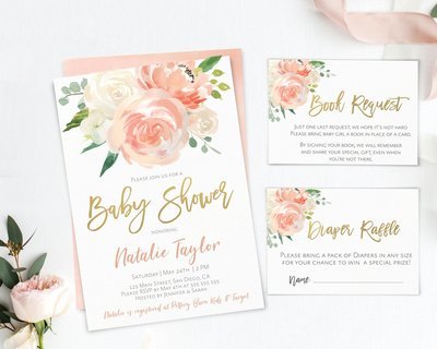 Baby Shower Invitation, Printable Template, Peach & Gold