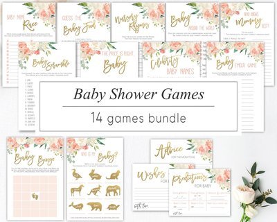 Baby Shower Games, Printable, Template, Peach & Gold