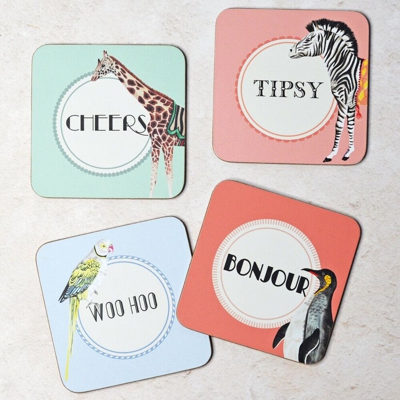 Set of 4 Coasters - Tipsy/Cheers/Bonjour/WooHoo