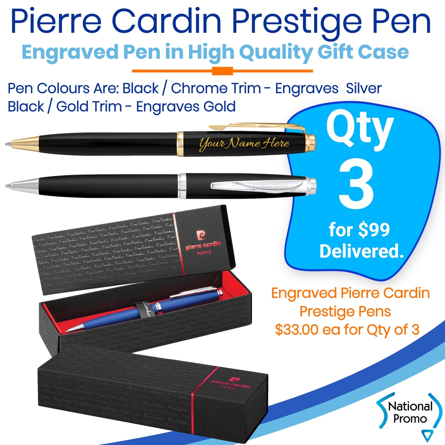 3 x PERSONALISED &#39;PIERRE CARDIN&#39; PRESTIGE PEN SET