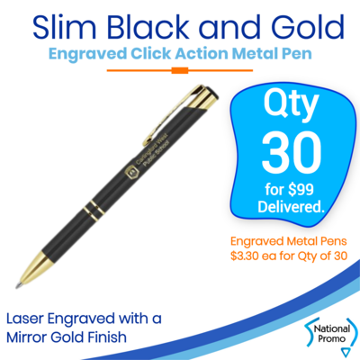 30 x Slim Black and Gold Engraved Ballpoint Pen