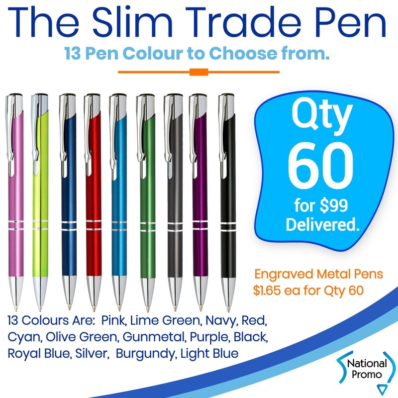 60 x SLIM TRADE Engraved Metal Pen for $99