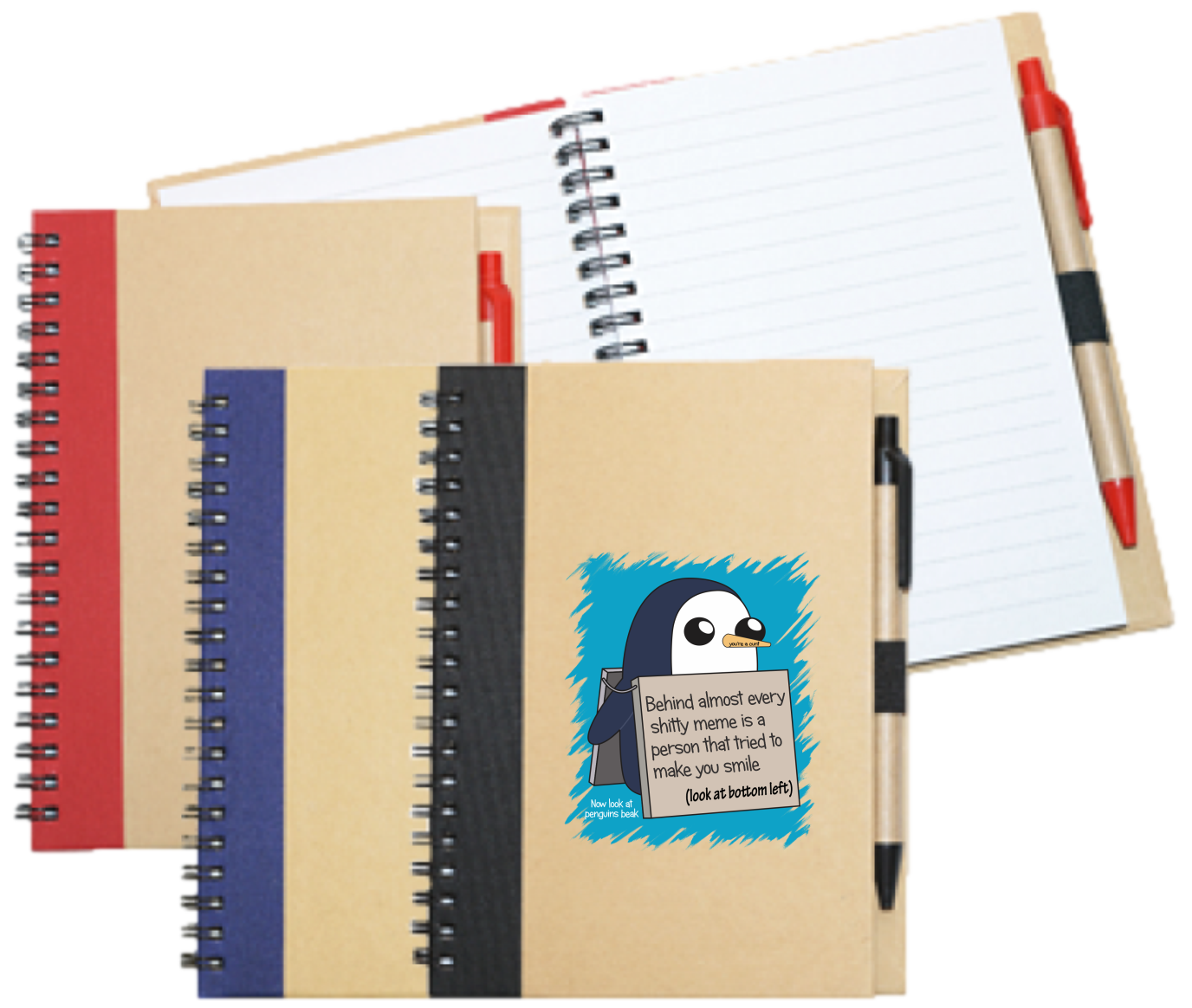 Wiro Bound Recycled A5 Notebook &amp; Pen &gt;Penguin Meme - Must Read It!