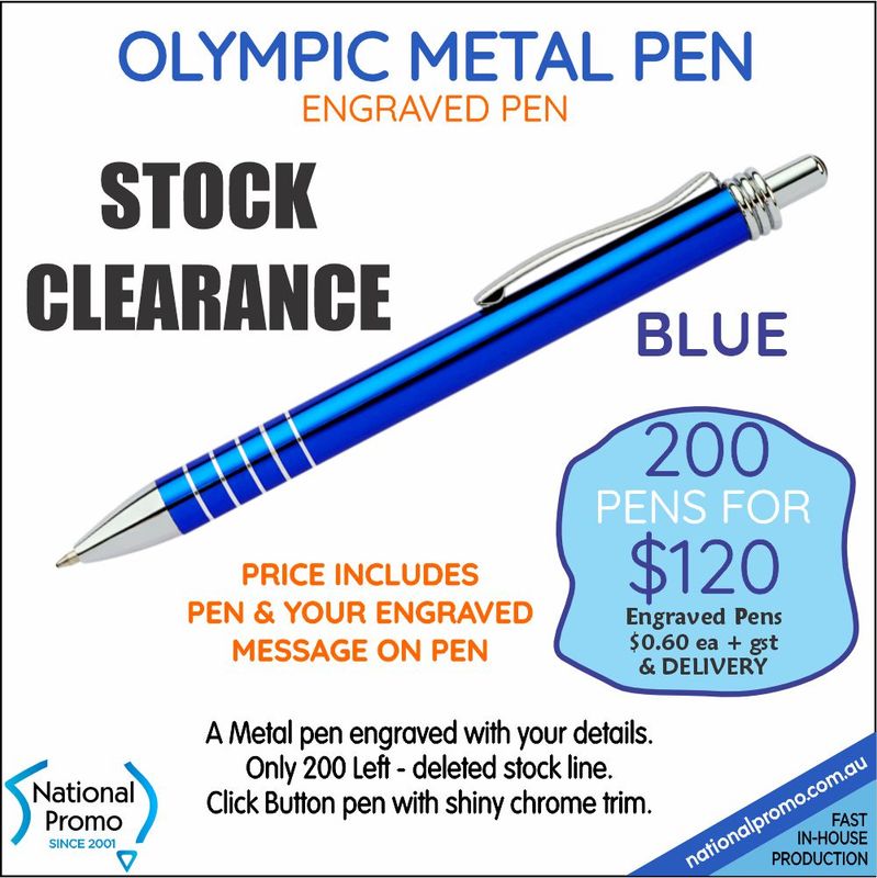200 x OLYMPIC ROYAL BLUE ENGRAVED PENS  &lt;CLEARANCE&gt;
