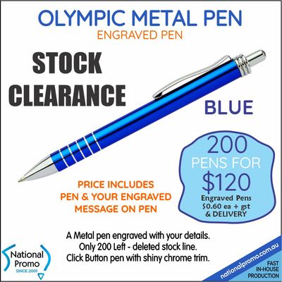 200 x OLYMPIC ROYAL BLUE ENGRAVED PENS  &lt;CLEARANCE&gt;