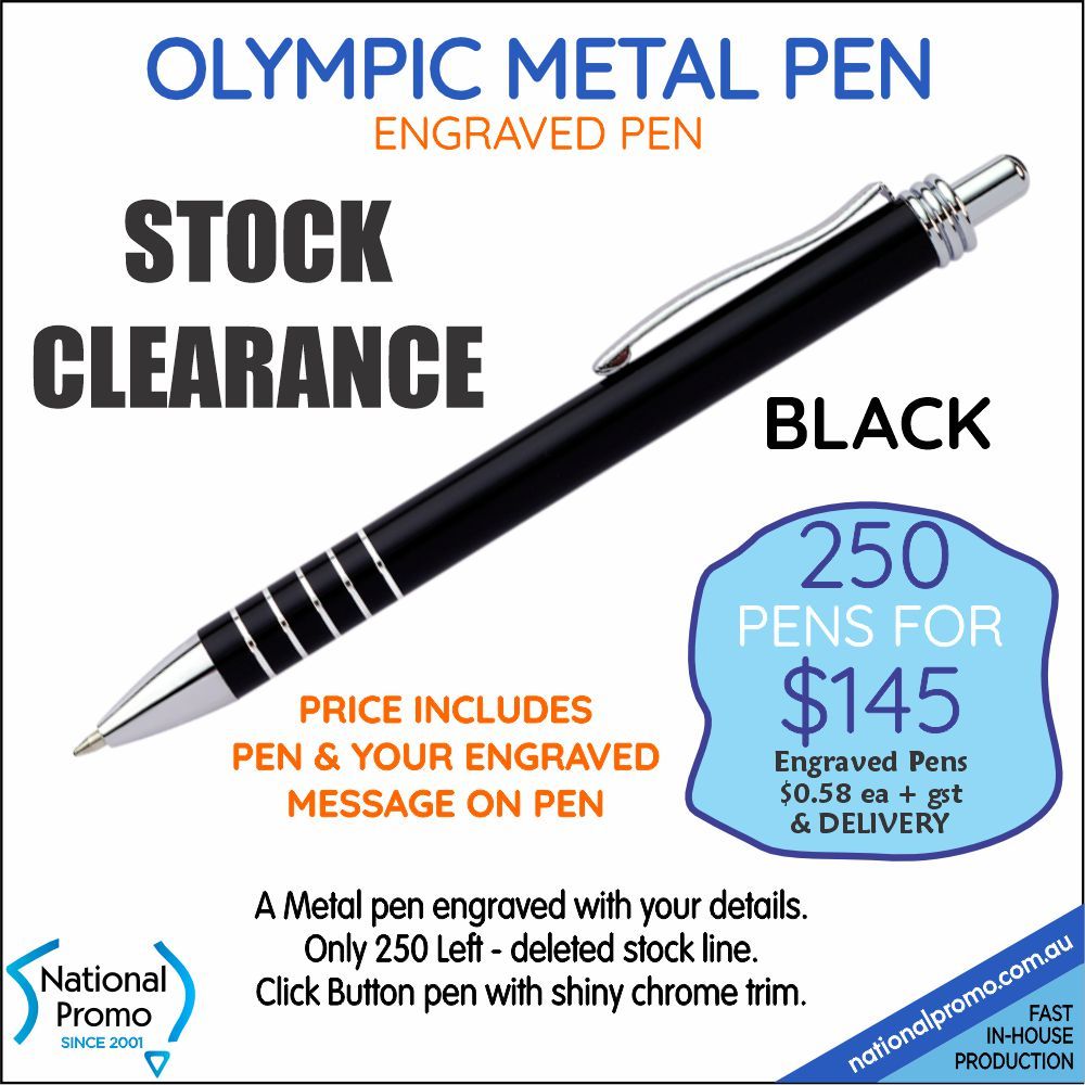 250 x OLYMPIC BLACK ENGRAVED METAL PENS  &lt;CLEARANCE&gt;