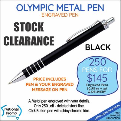 250 x OLYMPIC BLACK ENGRAVED METAL PENS  &lt;CLEARANCE&gt;