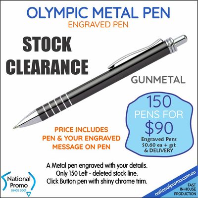 150 x OLYMPIC ENGRAVED GUNMETAL PENS  &lt;CLEARANCE&gt;