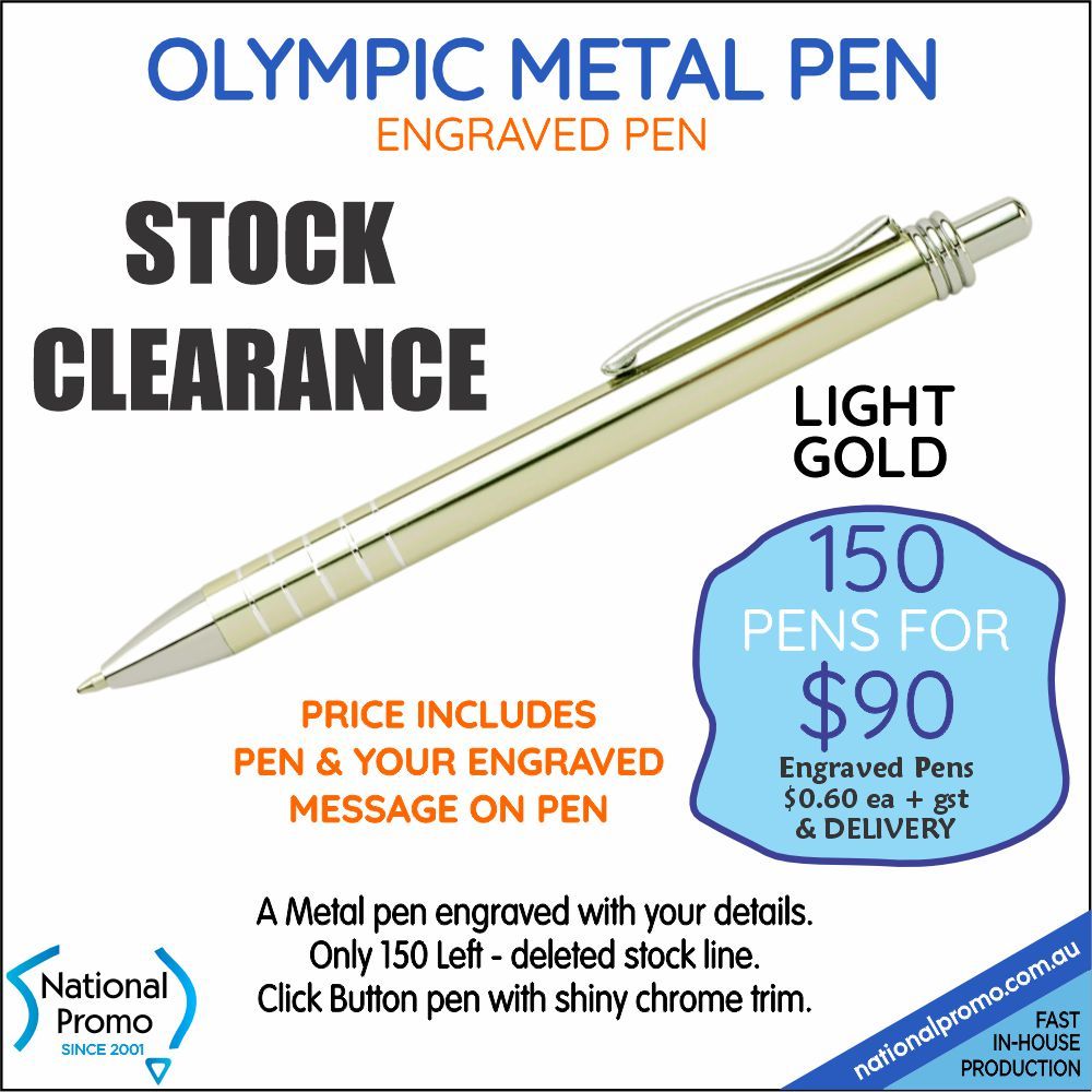 150 x OLYMPIC GOLD ENGRAVED PENS  &lt;CLEARANCE&gt;